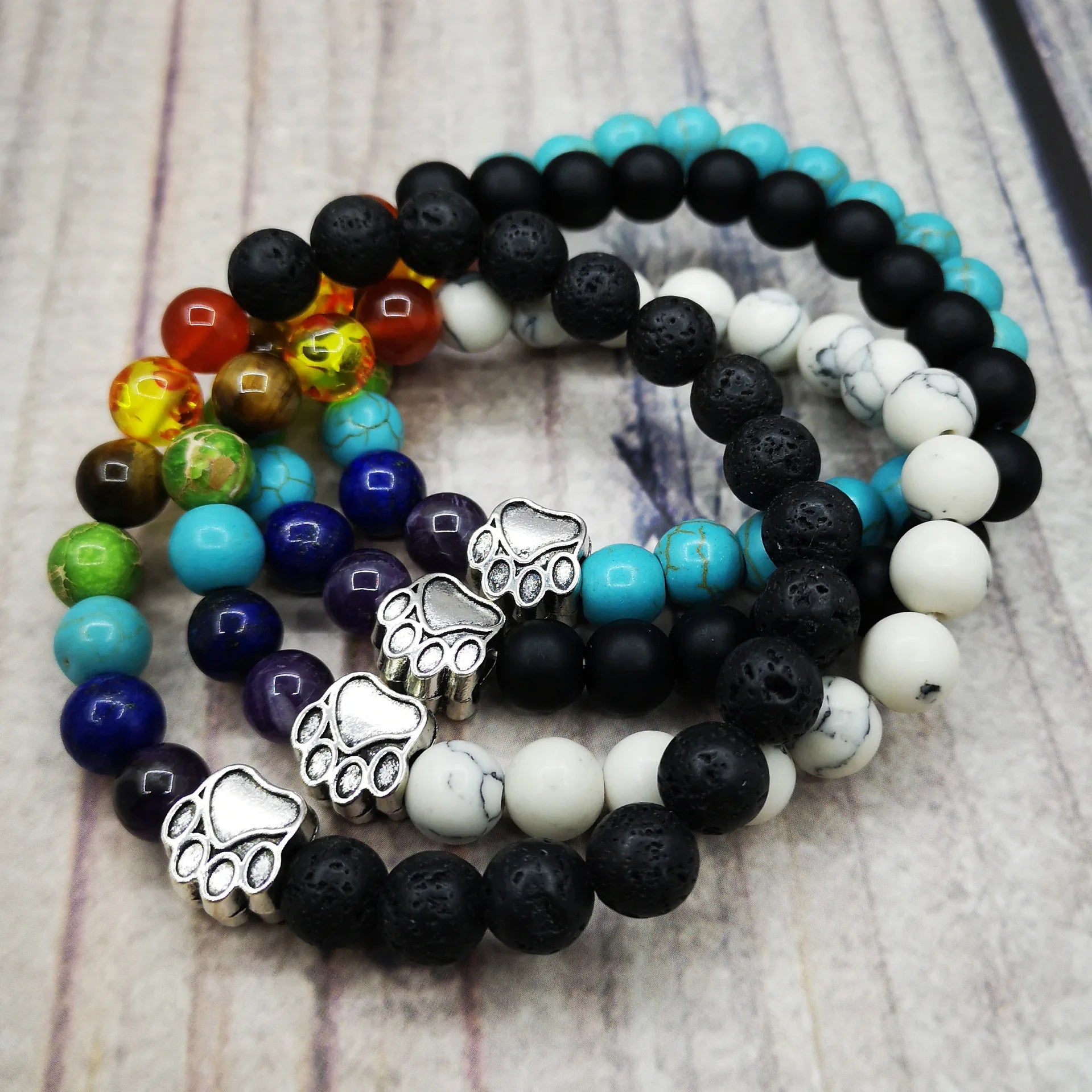 Seven Chakras Ethnic Pet Paw Footprint Bracelet Colorful Natural Stone Dog Beaded Bracelet for Christian Anniversaries Gifts