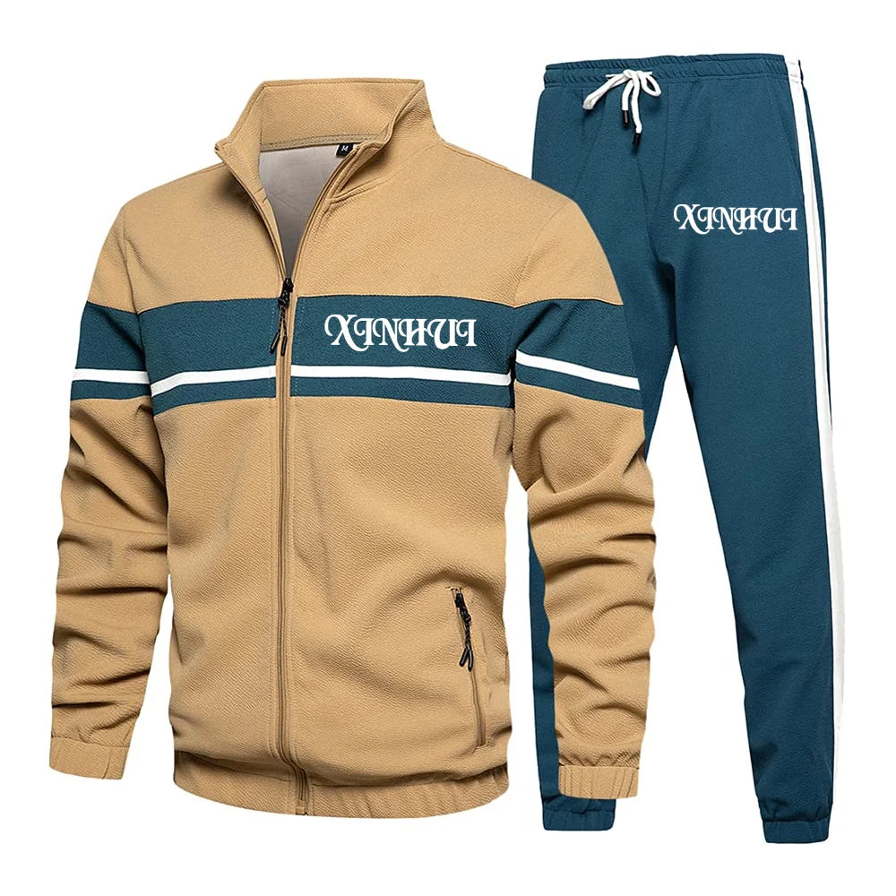Customize Man Retro Color-block Training Tracksuit Zip Warm Sweatshirt Drawstring Waist Sweatpants Set with Pocket