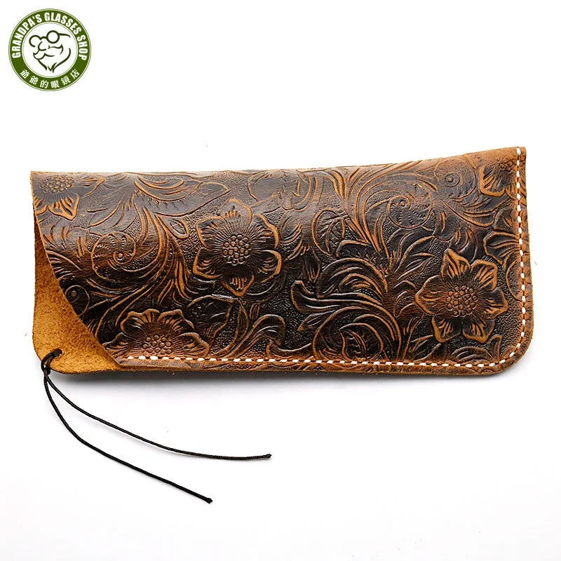 Wholesale Luxury Rectangle Portable Real Cowhide Genuine Leather Unisex Eye Glasses Sleeve Pouch Hot Sale Large Frame Sunglasses