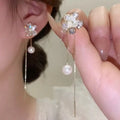 Luxury Pearl CZ Floral Tassel Earrings Iced Out Cubic Zirconia CZ Flower Earrings Wire Dainty Jewelry