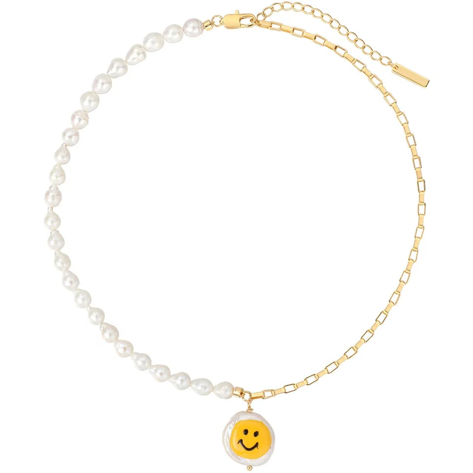 Cute Light Luxury Brass Gold Plated Chain Splicing Natural Baroque Pearls Happy Smile Pearl Pendant Necklace Girls Jewelry Gift