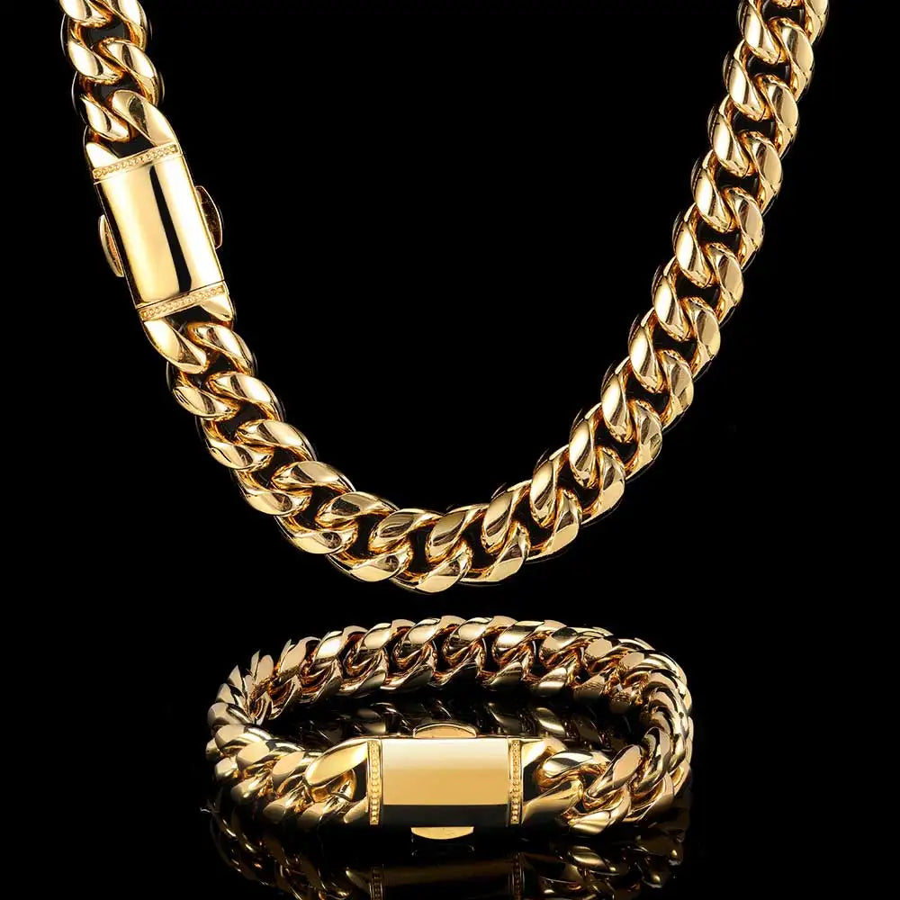 Hip Hop Jewelry 12mm Hight Polished Stainless Steel Chain 18K Gold Plated Customized Logo Men's Cuban Link Chain Necklace