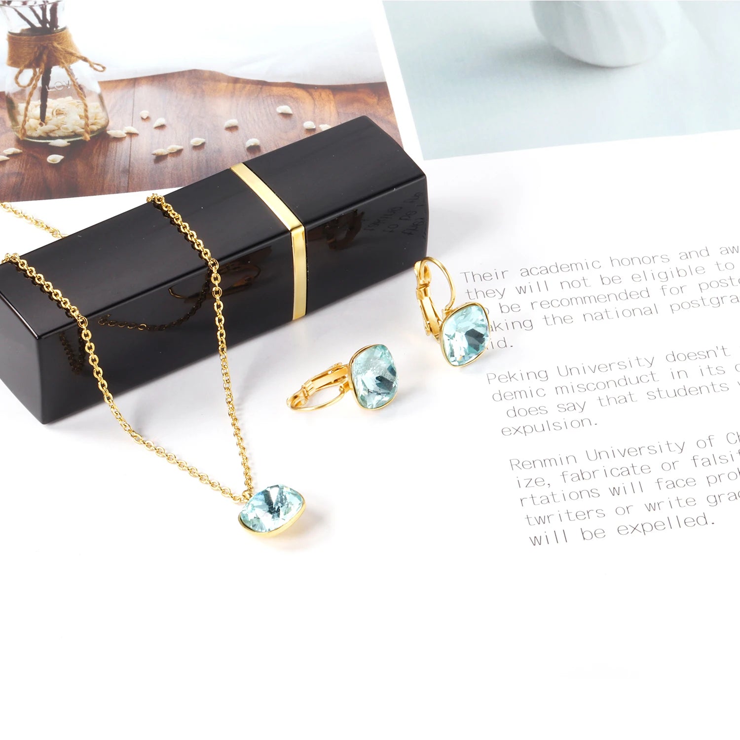 Mint Green Crystal Gem Gorgeous 18K Gold Plated Stainless Steel Pendant Necklace and Stud Earrings Jewelry Set for Women