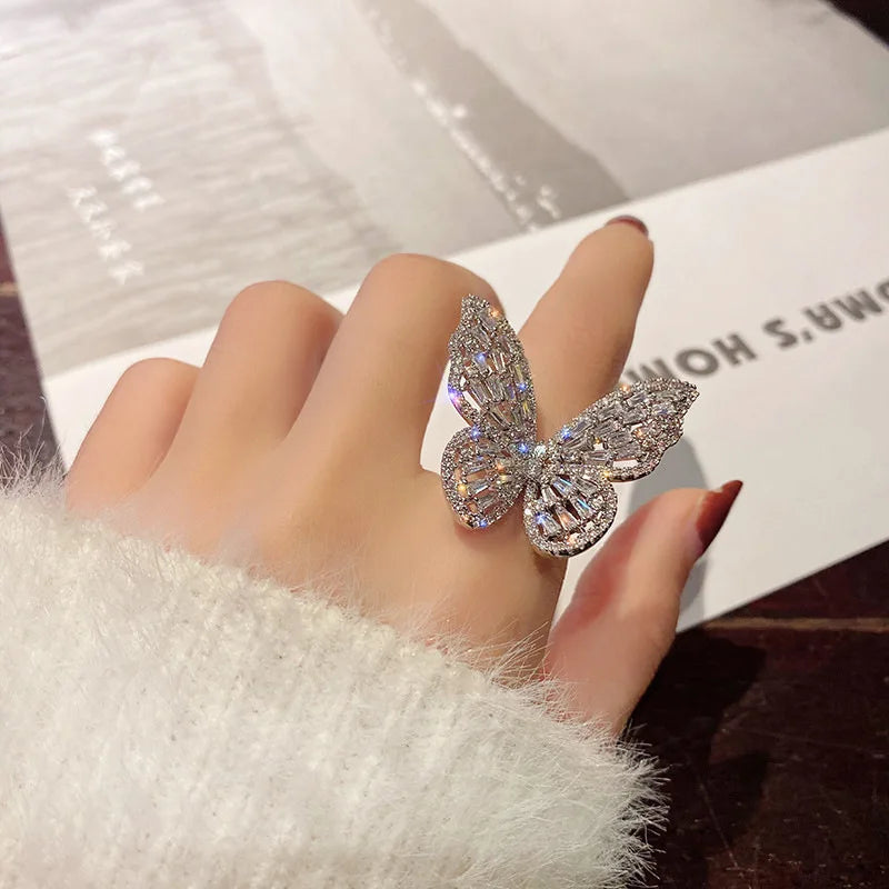 SC New Arrival Korean Opening Adjustable Finger Ring Shiny Dianmon Zircon Ring Big Butterfly Rings for Women