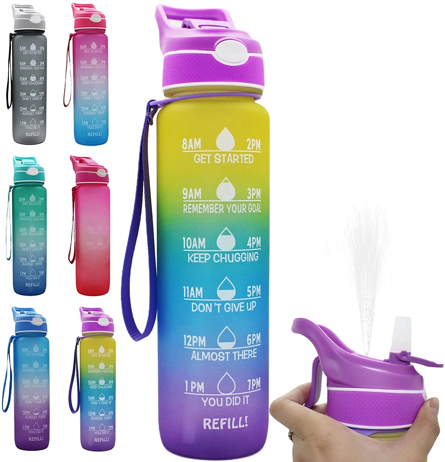 Portable Sports Spray Water Bottle with Straw Leakproof 1L Motivational Water Bottle Mist Plastic Cooling Drink Bottle