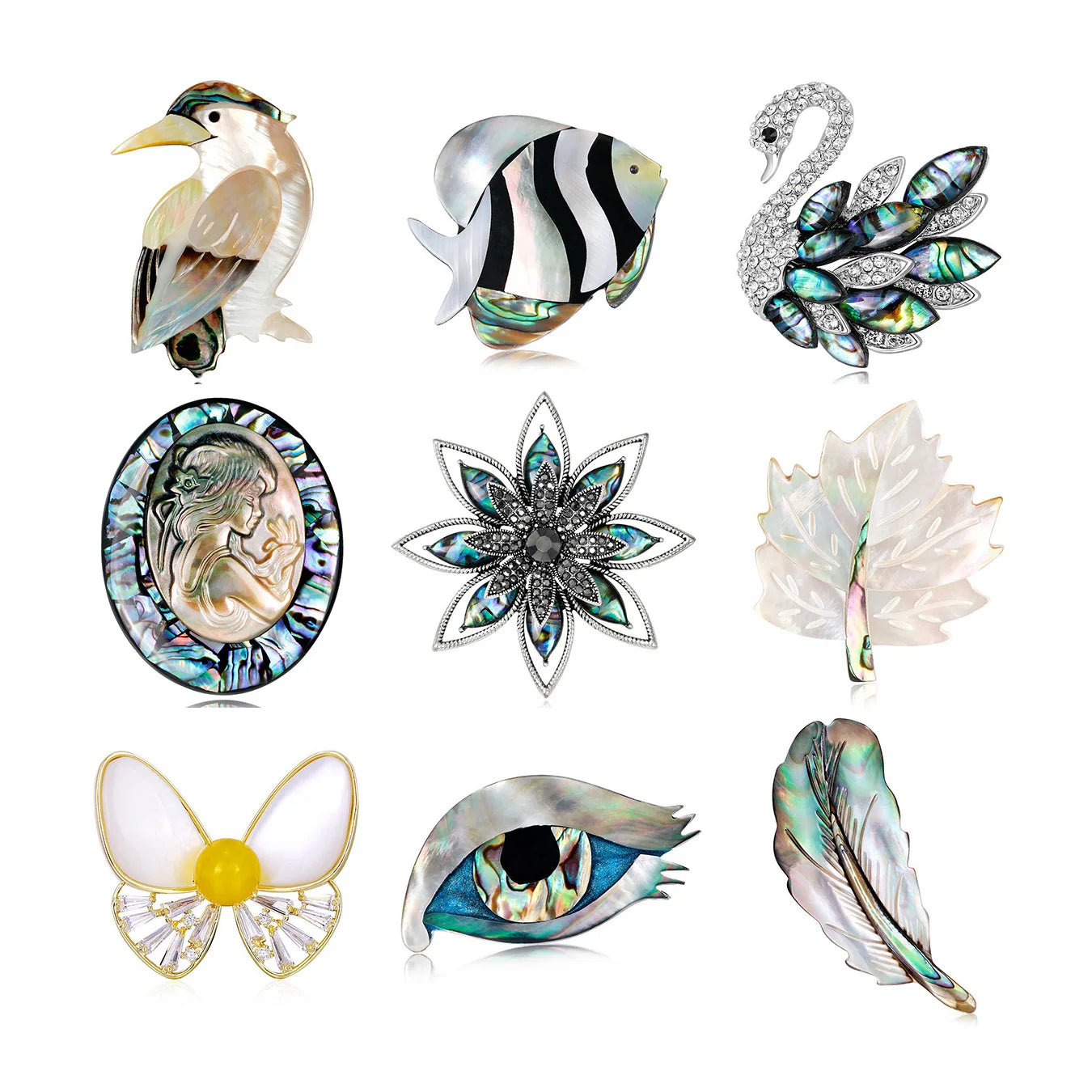 Natural Abalone Shell Brooch Zircon Unisex Luxury Temperament Feather Brooch Ladies Corsage Fashion Animal Bird Brooches