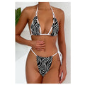 Custom Cute Colombia Ladies Halter Neck Swimwear Female Backless Micro Black and White Stripe Swimsuit Women Bikini Set 2024