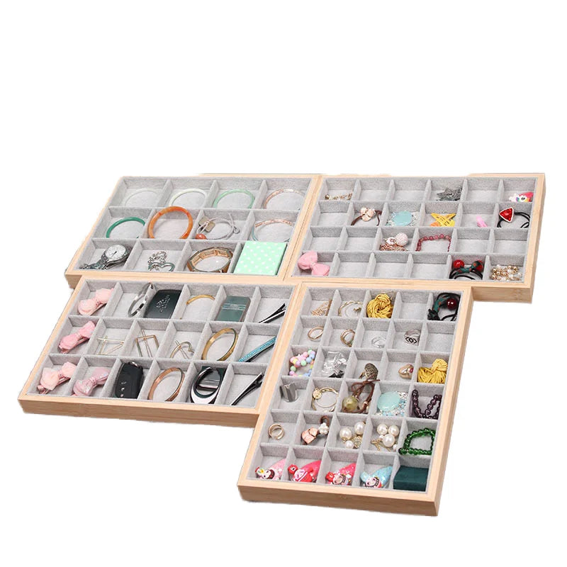 Solid Bamboo Wood Jewelry Tray Velvet Gray Ice Plate Gift Boxes Display for Rings Earrings Necklaces Pendants Watches