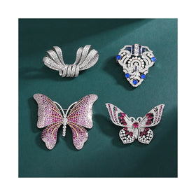 Luxury Blue Sapphire Red Ruby Zirconia Diamond and Pearl Full Paved butterfly Brooch Fashion Badge Brooch