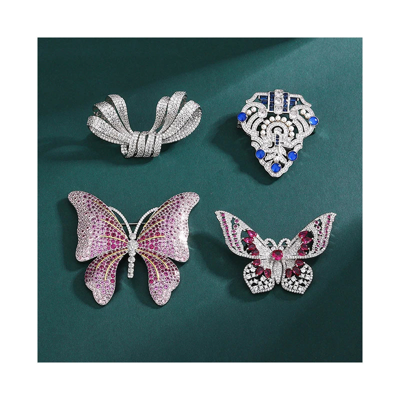 Luxury Blue Sapphire Red Ruby Zirconia Diamond and Pearl Full Paved butterfly Brooch Fashion Badge Brooch