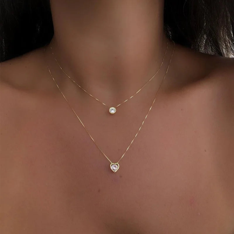 Simple Design Double Layered Heart Charm Necklace Gold Plated Crystal Love Heart Pendant Necklace for Women