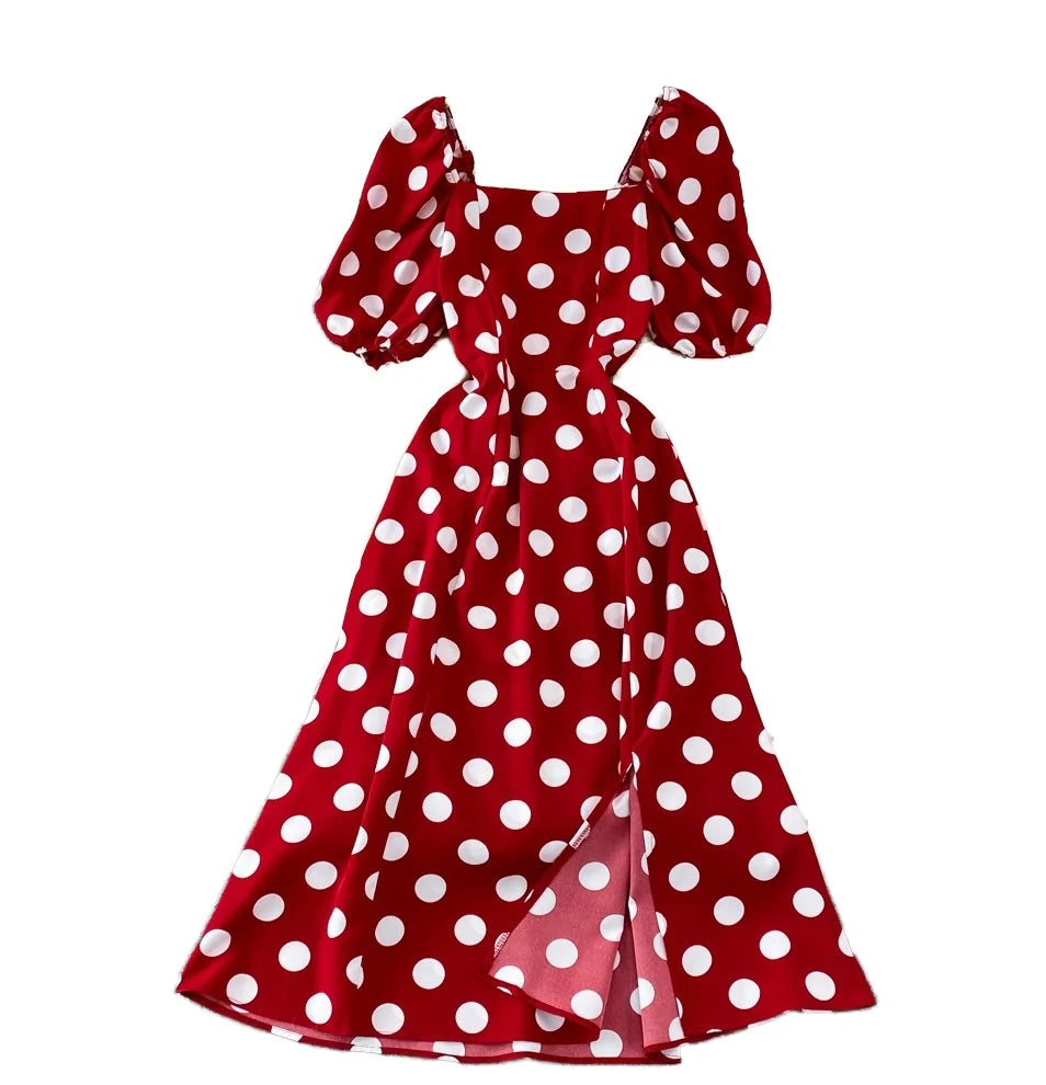 Professional Custom Factory Direct Women Summer Casual Dresses Square Neck Short Sleeve High Waist Long Split Polka Dot