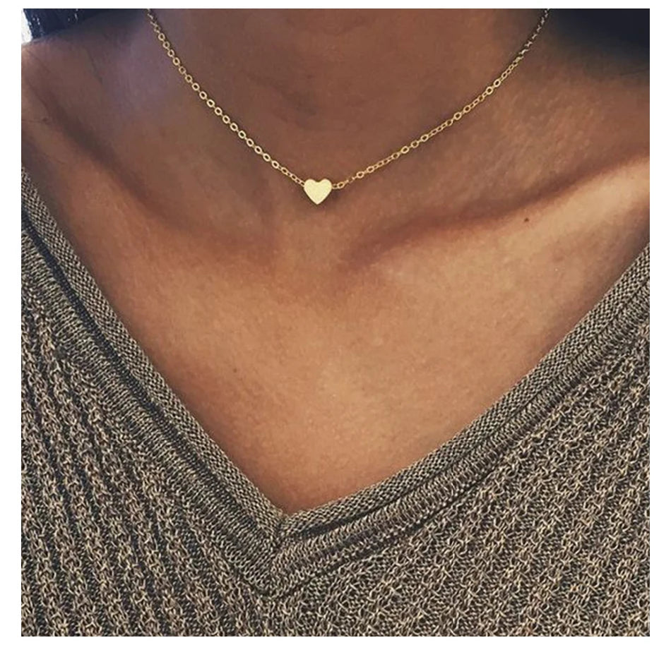 Trendy Unisex 316L Stainless Steel & 14K Gold Heart Charm Choker Necklace with Link Chain New Jewelry for Girls and Women Gift