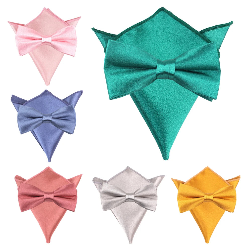 Luxury Men's Party Wedding Bowtie Set Fashion Design Green Yellow Bow Ties Cravats Handkerchief Hanky Silk Solid Polyester