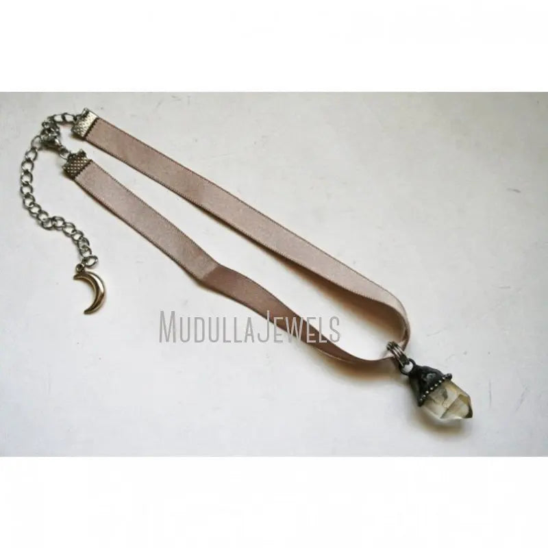 NM43389 Petite Tibetan Quartz Crystal Point Satin Ribbon Choker Necklace Gemstone Crystal Point Layering Statement Necklace
