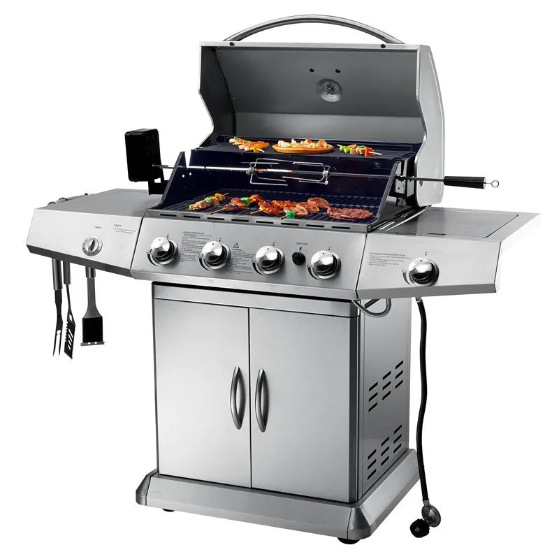 KS14074 4-Burner Gas or Charcoal Barbecue Grill for Home Garden Outdoor Parties Vertical Design for Easy Use