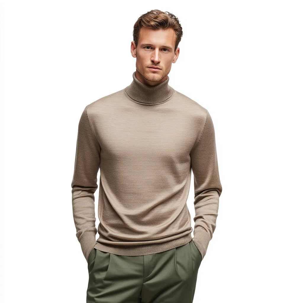 Men's Premium Fine Gauge 100% Merino Wool Turtleneck Sweater Winter Knitwear Breathable Feature Woven Logo Print Premium Jumper