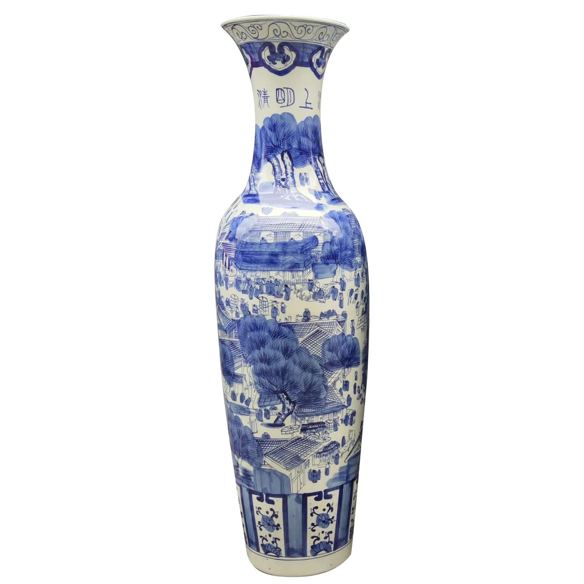 Large Traditional Porcelain Flower Pot Long Neck Blue White Scenery Pattern Floor Vase for Chinese New Year Pottery MegaBDM