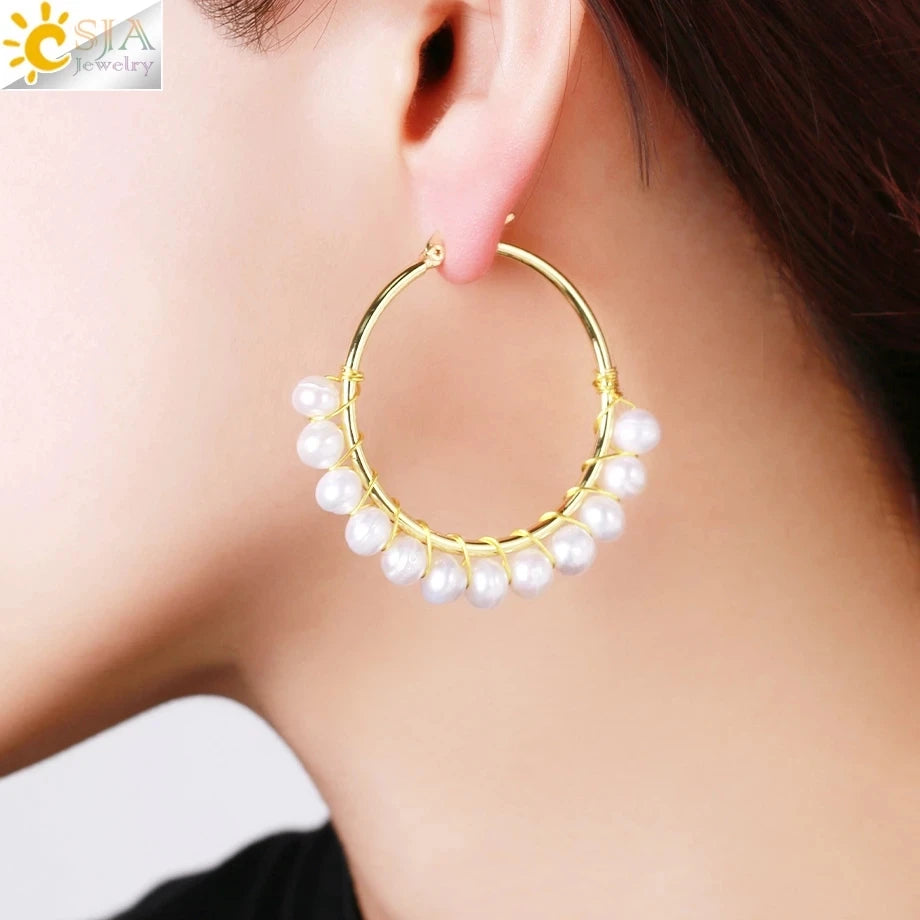 CSJA 2022 Trendy New Jewelry Ear Ring Gold Plated Natural Freshwater Baroque Hoop Pearl Earring for Women G996