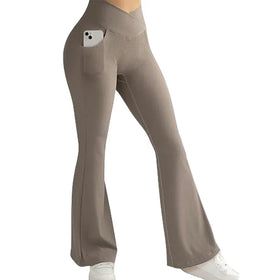 Women's Sexy Ribbed Cross Yoga Pants With Pockets and High Waisted Flared Pants