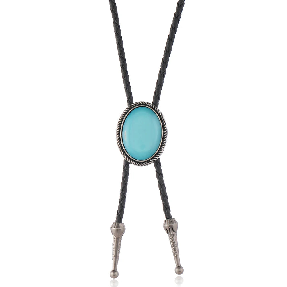 Vintage Style Red and Blue Stone West Cowboy Necklace Bolo Tie Leather Necklace for Men Women