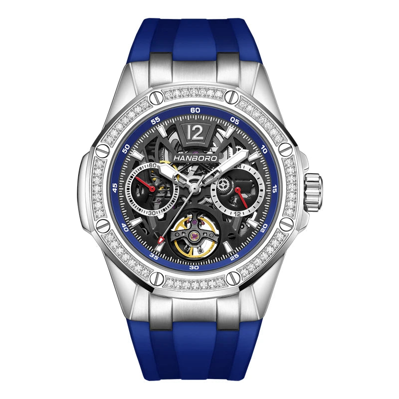 HANBORO Lava Series Men's Automatic Mechanical Watch Diamond Bezel Water Resistant 5BAR Stainless Steel Silicone Band