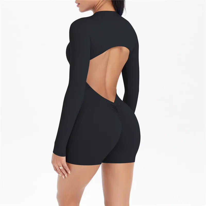 M346 Women Summer Knitted Yoga Breathable High Waist Long Sleeved Quick Dry Tummy Control Zipper Sports Bodysuit Jumpsuit