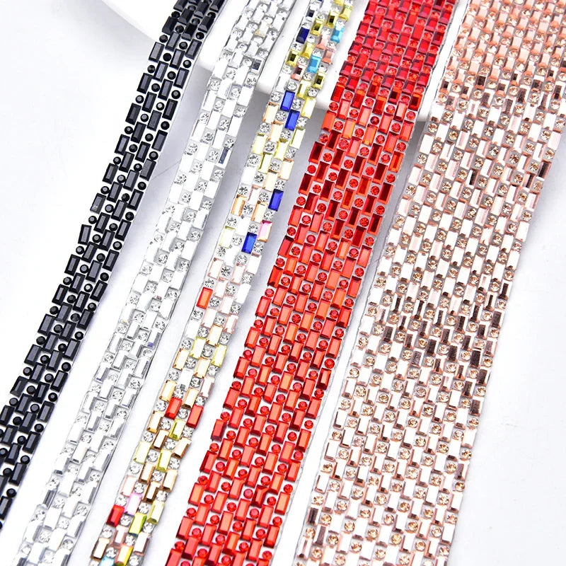 1-3cm Hot Fix Glass Diamond Ribbon Self Adhesive Rhinestone Trim Crystal Mesh Banding Strass Strips for Wedding Clothes Decor