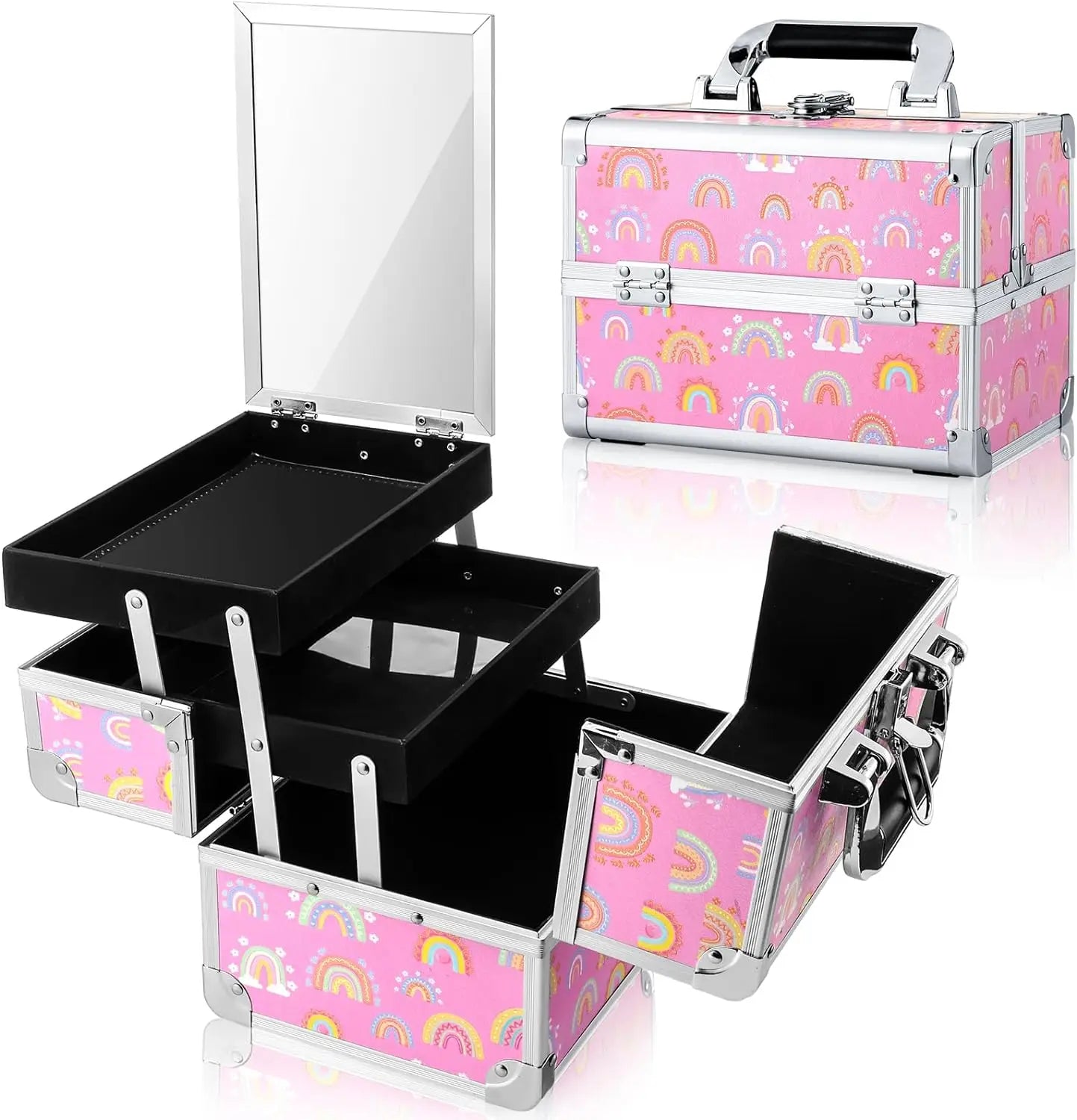 Girls Fashionable Large Capacity Foldable Portable Makeup Train Case with 2 Trays Key Lock Rainbow Organizer