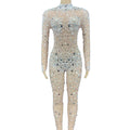 Fashion Rhinestones Pearls Sequins Rompers Women Sexy See Through Playsuits Pole Dance Stage Wear Club Party One Piece Jumpsuit
