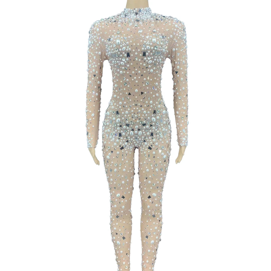 Fashion Rhinestones Pearls Sequins Rompers Women Sexy See Through Playsuits Pole Dance Stage Wear Club Party One Piece Jumpsuit