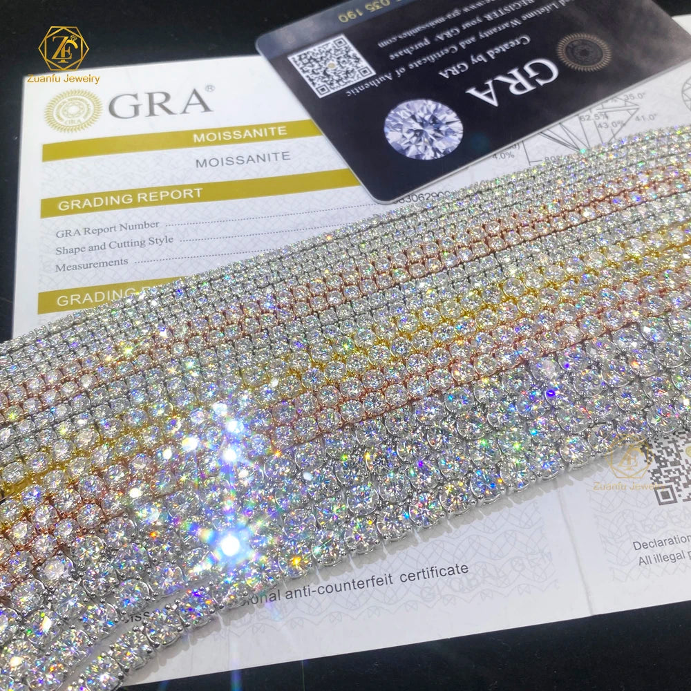 Iced Out  Tennis Chain GRA certificate moissanite  2mm 3mm 4mm 5mm 6.5mm S925 Hip Hop VVS Moissanite Diamond Tennis Chain