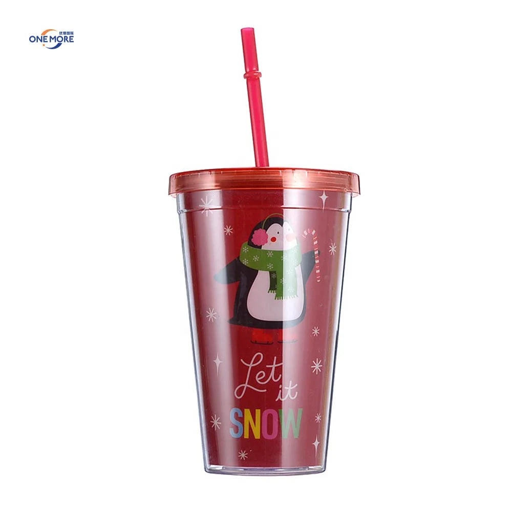 Christmas Drink Cup Plastic Tumbler with Straw and Lid Reusable Cup for Kids Adults Women