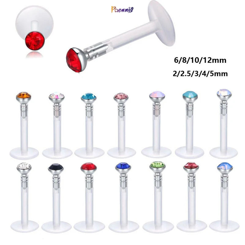 POENNIS Hypoallergenic Acrylic Push in Lip Rings with Crystal Zircon for Wedding Engagement Gift