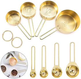 8-Piece Gold Stainless Steel Measuring Cups Spoons Set 250ml Capacity with Engraved Ruler for Measuring Dry Liquid Ingredients