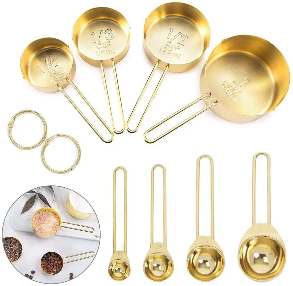 8-Piece Gold Stainless Steel Measuring Cups Spoons Set 250ml Capacity with Engraved Ruler for Measuring Dry Liquid Ingredients