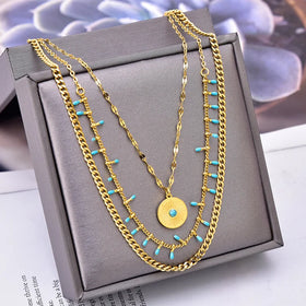 Wholesale Stainless Steel 18k Gold Plated Exaggerated Three-Layered Necklace Bohemian Turquoise Necklace
