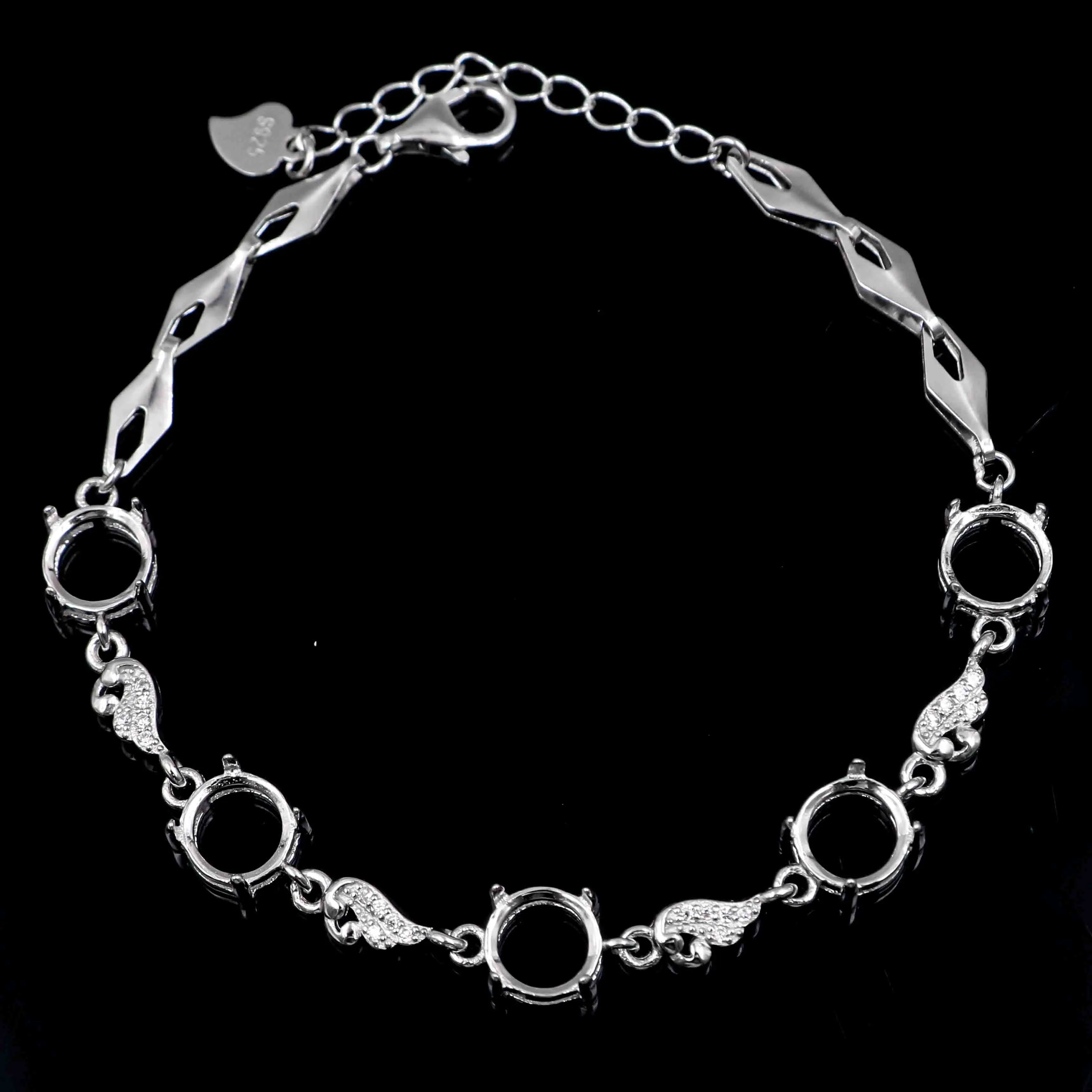 Sterling Silver 7*7mm Semi Mount Bracelet Empty Support Blank Claws Setting S925 Base Holder Without Center Stone Inlay for DIY