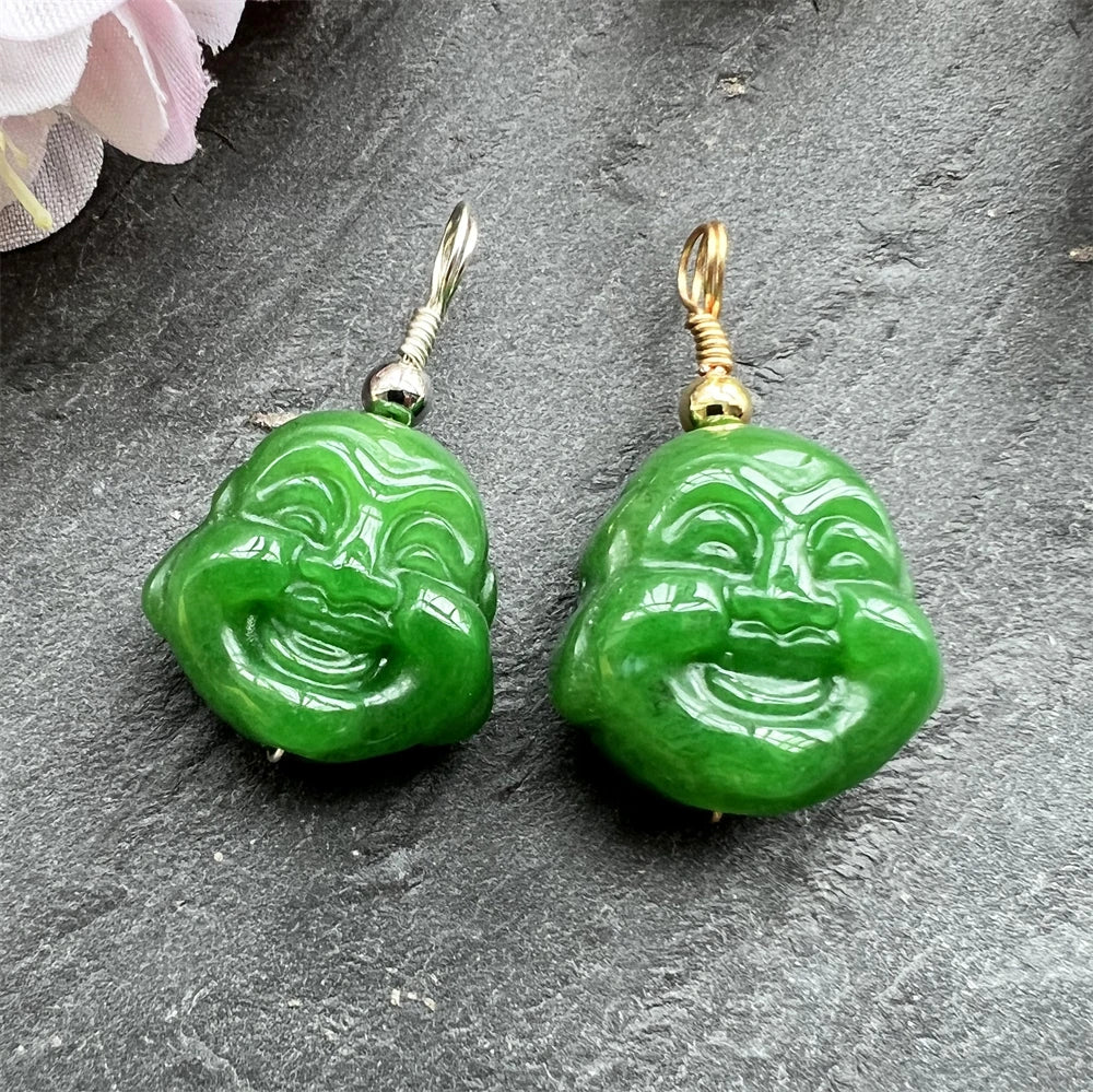 Wholesale Natural Green Jade Laughing Buddha Pendant Gold Plated Gemstone Wire Wrap Religious Style for Jewelry Necklace Making