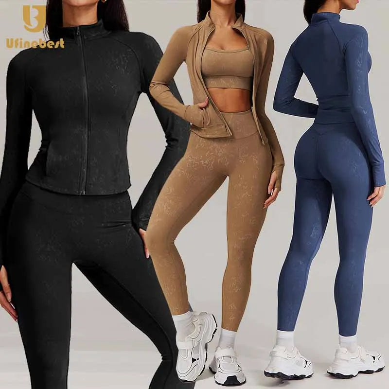 Workout Long Sleeve Printing Jackets Sportswear Gym High Waist Butt Lift Yoga Leggings Fitness Sets for Women
