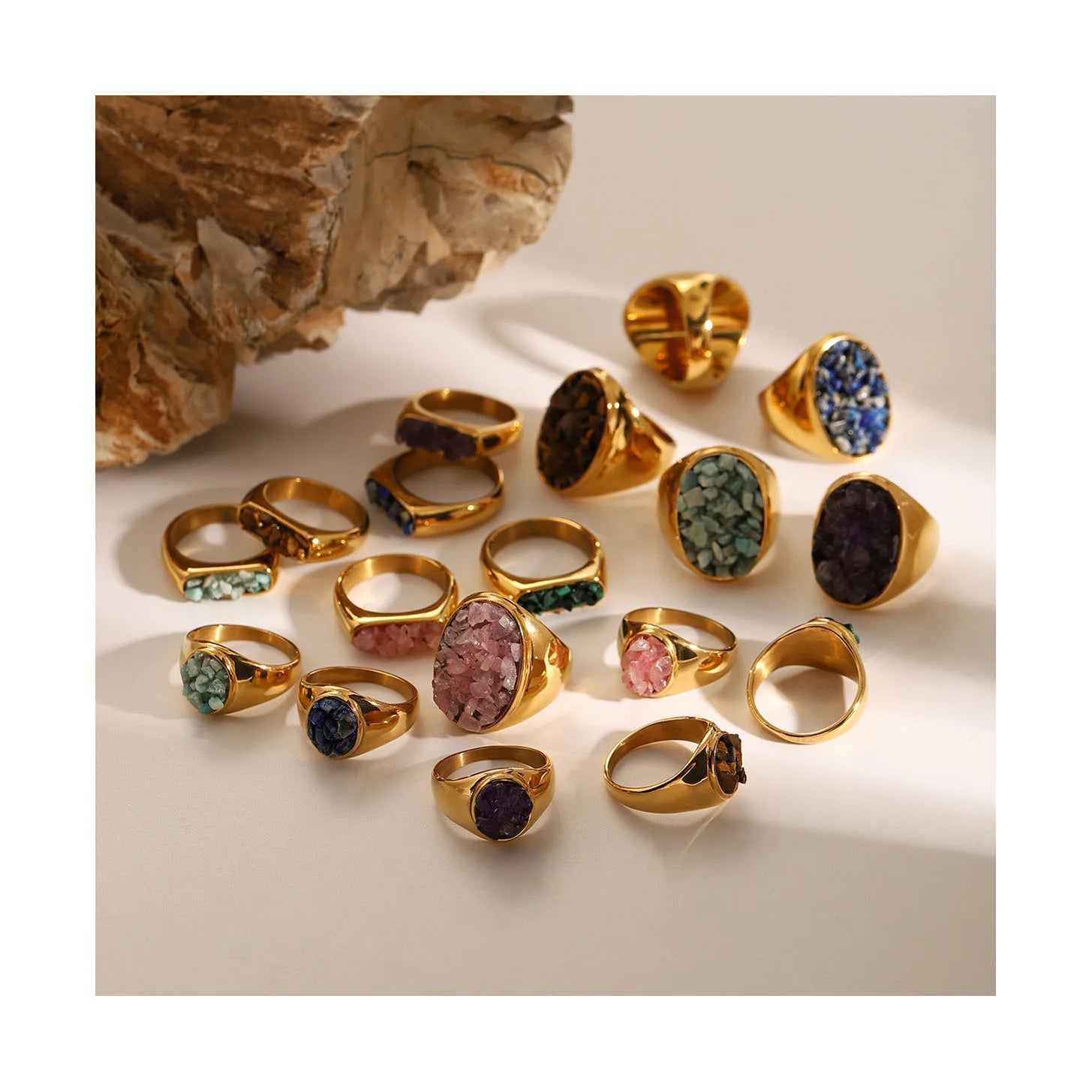 ERESI Waterproof Chunky Fall Fashion Stainless Steel Metal Signet Rings Natural Raw Amethyst Power Stone Ring Jewelry for Couple