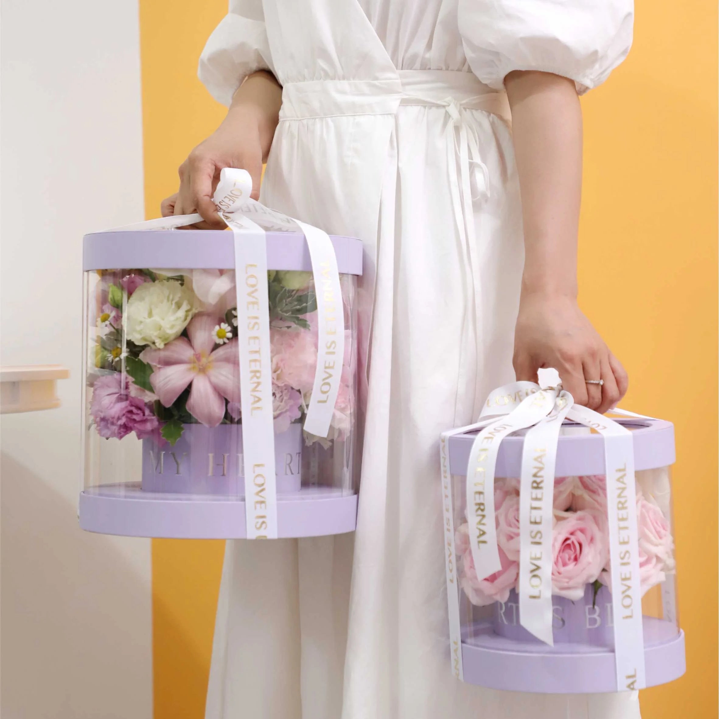 Medium Korean Style Transparent Plastic Preserved Bouquet Packaging Round Gift Clear PVC Cylindrical Flower Box for Wedding