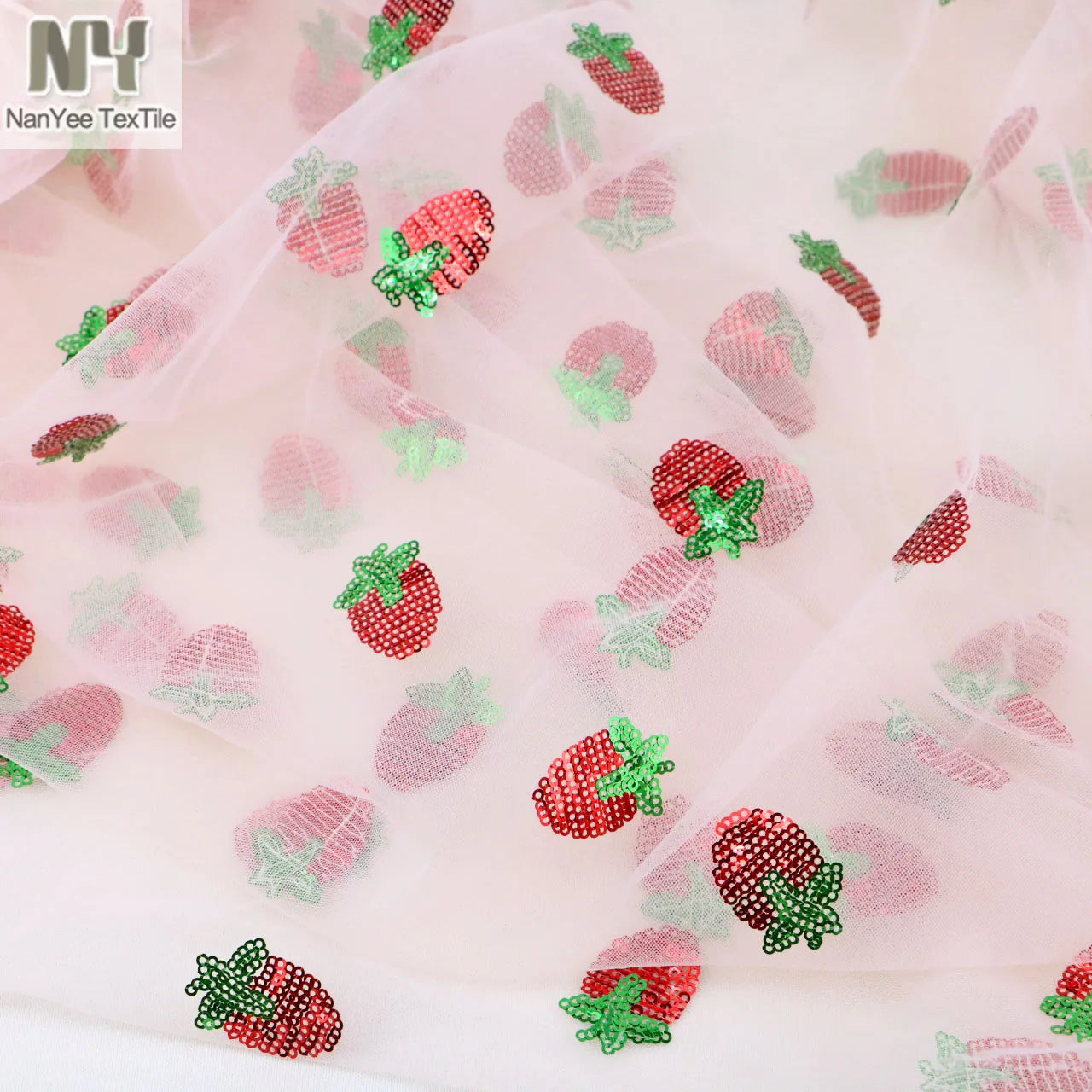 Nanyee Textile Red Green Strawberry Sequin Net Fabric for Kids' Clothing