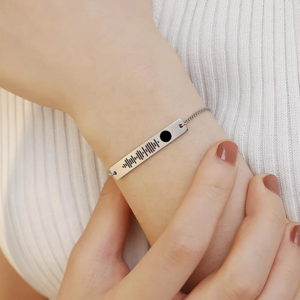 Personalized Custom Stainless Steel Engrabable Bracelet Scan Curved Blank Bar Pendant Adjustable Bracelet