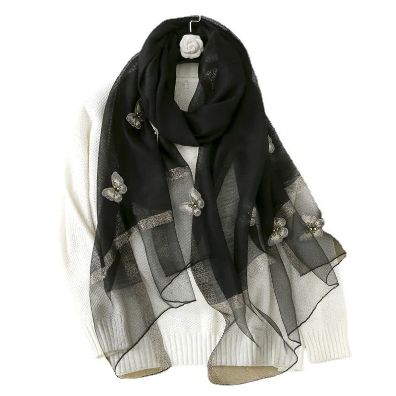 Spring Summer Lengthened Female Shawl Butterfly Beaded Gauze Scarf Travel Long Mulberry Satin Silk Wool Acrylic Pure Color Scarf