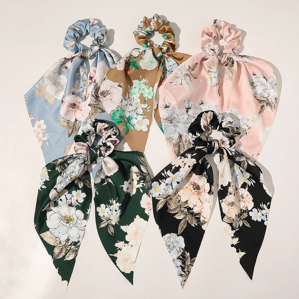 New Fashion Trendy Summer Satin Silk Bow Hair Bands Mix Colors Soft Scarf Flower Hair Ribbon Scrunchies for Women