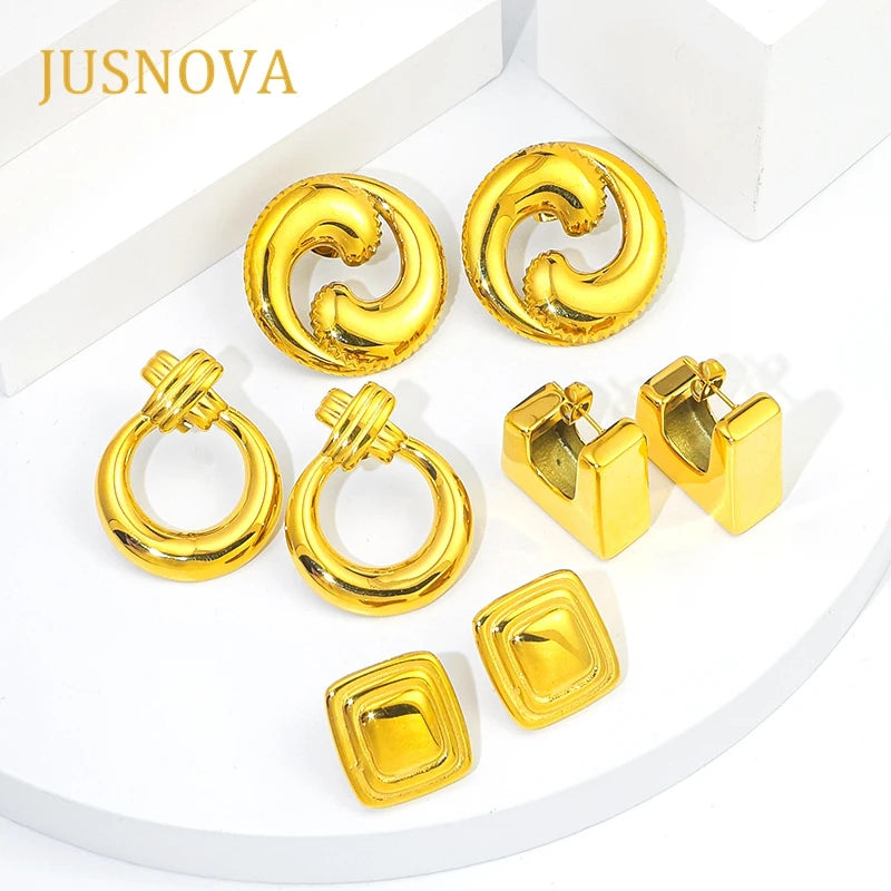 JUSNOVA Female Retro Vintage Light Luxury 18K Stainless Steel Earrings Geometric Shape Wholesale Titanium Steel Earrings