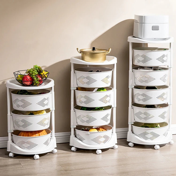 Multifunction 360 Degree Kitchen Organizer Shelf 3/4/5 Tiers Rotating Fruit Vegetable Baskets Storage Trolley Rack with Wheels