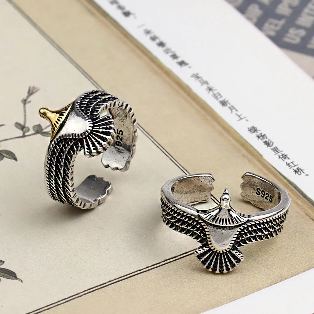 Vintage Silver Eagle Shaped Ring Hip-Hop Punk Chunky Wide Open Adjustable Feather Joints Ring for Men Jewelry