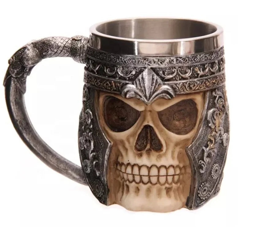 15oz Hot Sale Decorative Viking Resin Skull Stainless Steel Mug Pub Beer Mug